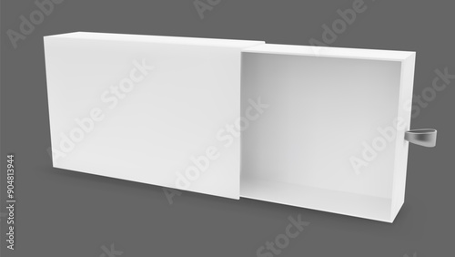 Gift slide box mockup. White open cardboard drawer package 3d mock up. Rectangle matchbox with ribbon. Blank realistic presentation pull matchbook packaging layout. Empty inner tray present wrapper