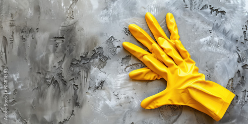 Dynamic Creative Industry Image with Industrial Gloves Descending onto a Rough Concrete Surface photo