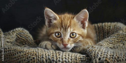 Adorable Kitten Resting Beneath Knitted Blanket On Sofa 