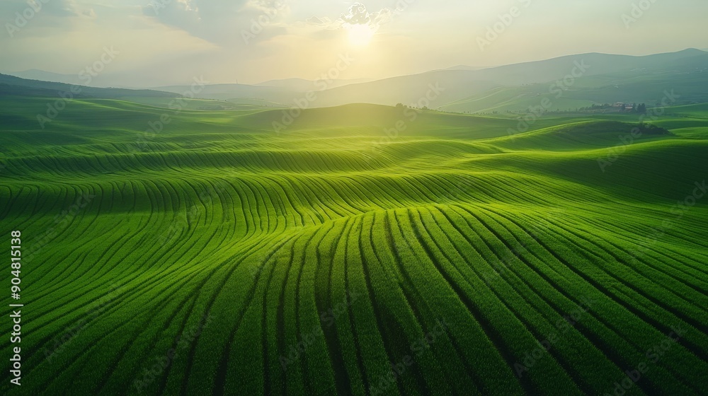 Aerial View of Rolling Green Fields under a Soft Sunset Sky Aerial View of Rolling Green Fields under a Soft Sunset Sky