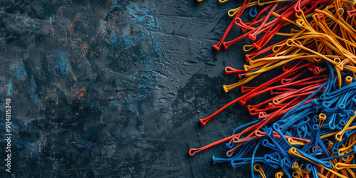 Modern Industry Visual: Cable Ties Dispersed on a Dark Workbench Surface for Creative Insight photo