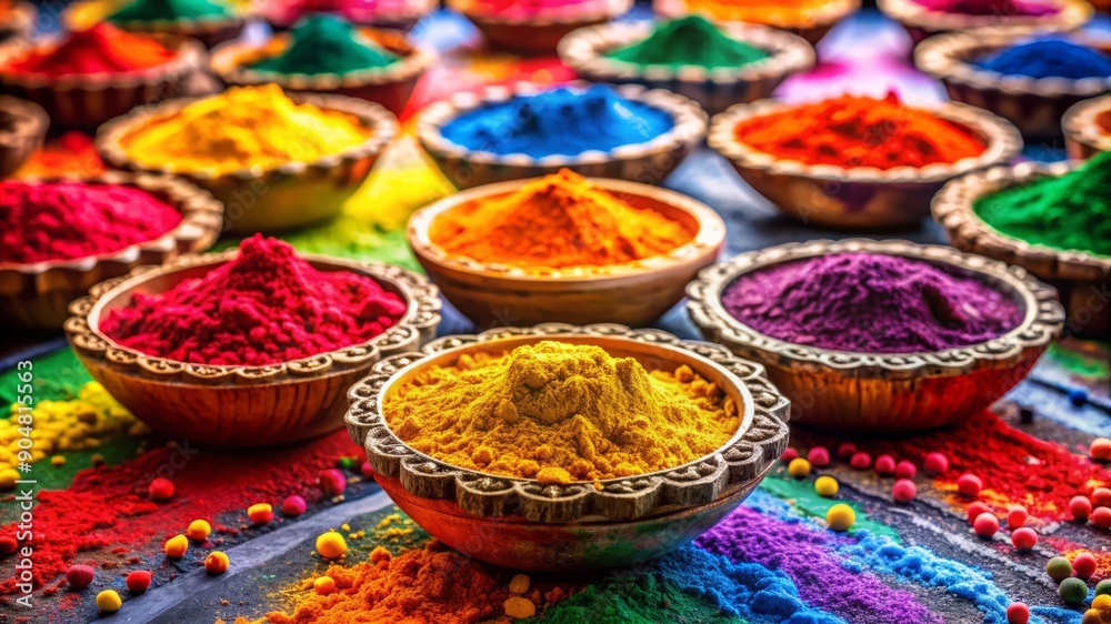 Colorful Powder in Bowls on a Black Surface. Colorful Powder in Bowls on a Black Surface.
