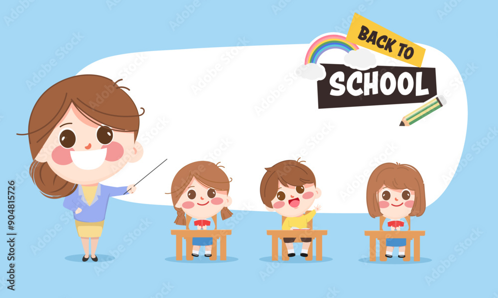 Teacher and kid student in the classroom background. Cute little kid illustration Premium Vector. Teacher and kid student in the classroom background. Cute little kid illustration Premium Vector.