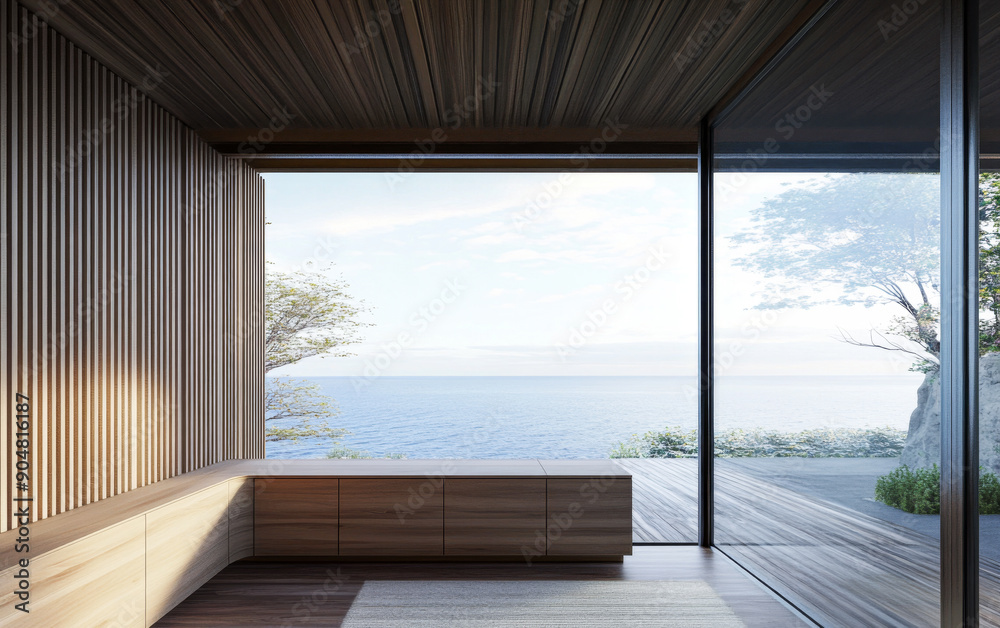 Obraz premium Modern sideboard next to a large window in a property interiors design composition inside a room with wall panels. Real Estate conceptual luxury image.