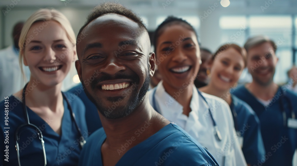 Healthcare team, including men and women from different backgrounds, posing cheerfully together Healthcare team, including men and women from different backgrounds, posing cheerfully together