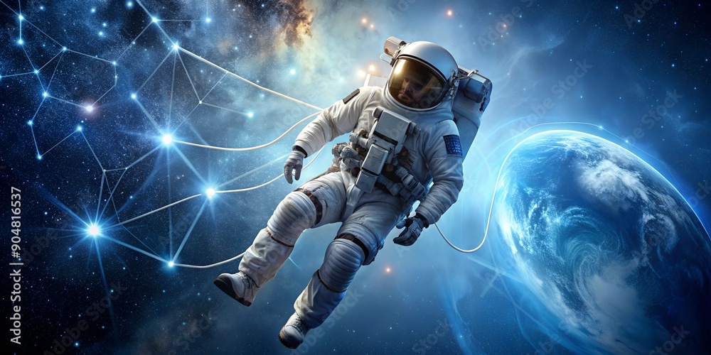 Astronaut in Space with Network of Stars and Earth in Background Astronaut in Space with Network of Stars and Earth in Background
