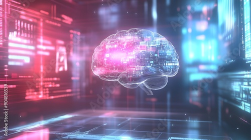 Wallpaper Mural Holographic Human Brain Illustration Floating Before Futuristic Computer Screens with AI Data and Symbols, Highlighting Emotional Intelligence for Marketable Products Torontodigital.ca