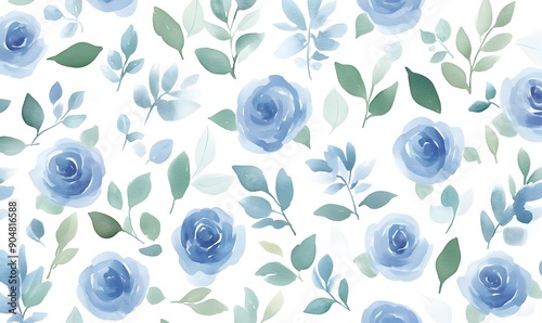 Seamless Pattern of simple small blue roses and green lelf in Watercolor texture background, Generative AI photo