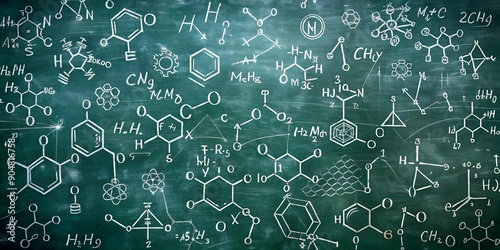 Chemistry Formulas and Equations Written on Green Chalkboard