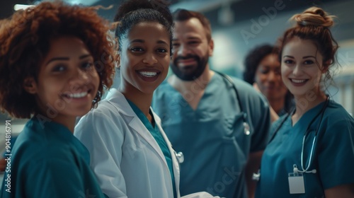 Multicultural team of healthcare professionals standing together, all smiling, in a hospital ward