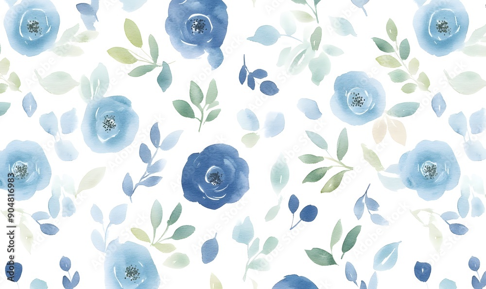 Fototapeta premium Seamless Pattern of simple small blue roses and green lelf in Watercolor texture background, Generative AI