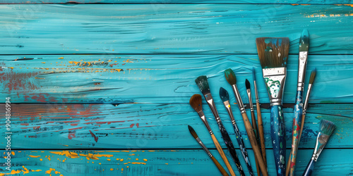 Artistic Industry Theme Featuring Paint Brushes Spilling Over a Textured Wooden Surface photo