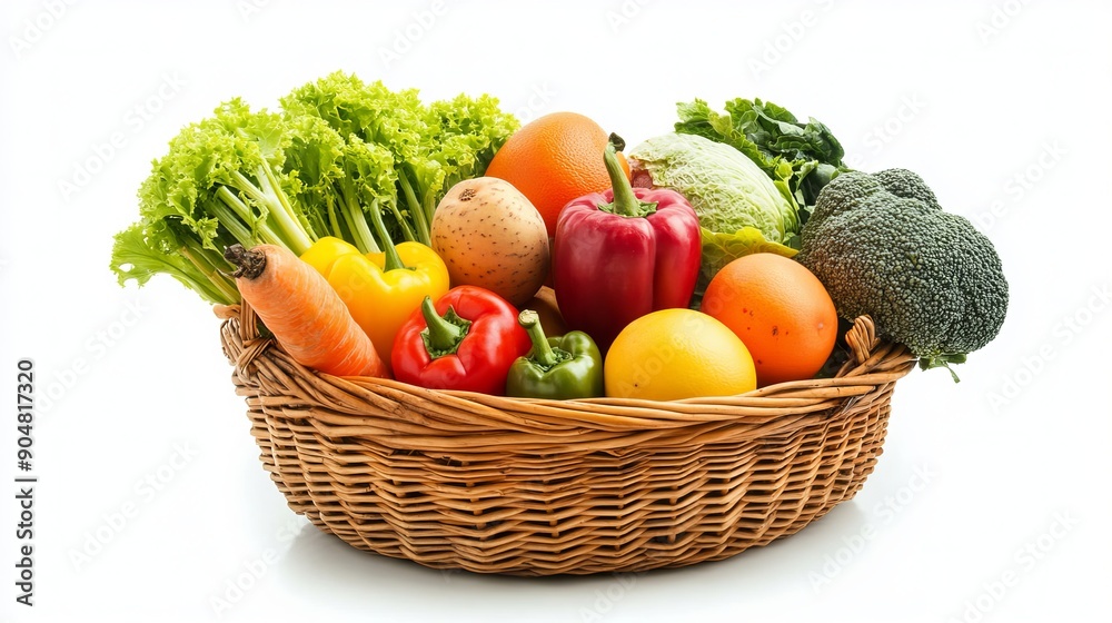 Fototapeta premium Fresh fruits and vegetables in a basket on a white background.