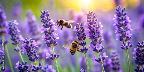 Bees Pollinating Lavender Flowers in a Field of Purple Blooms