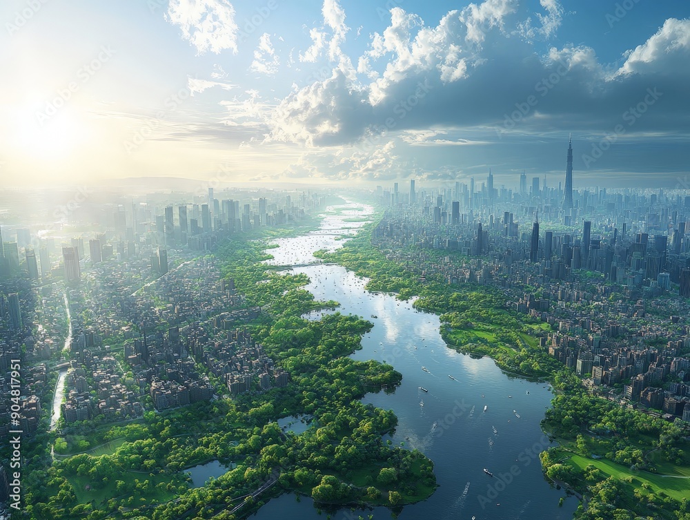 Fototapeta premium A Breathtaking Fusion of Urban Architecture and Natural Landscape Along a Serene River
