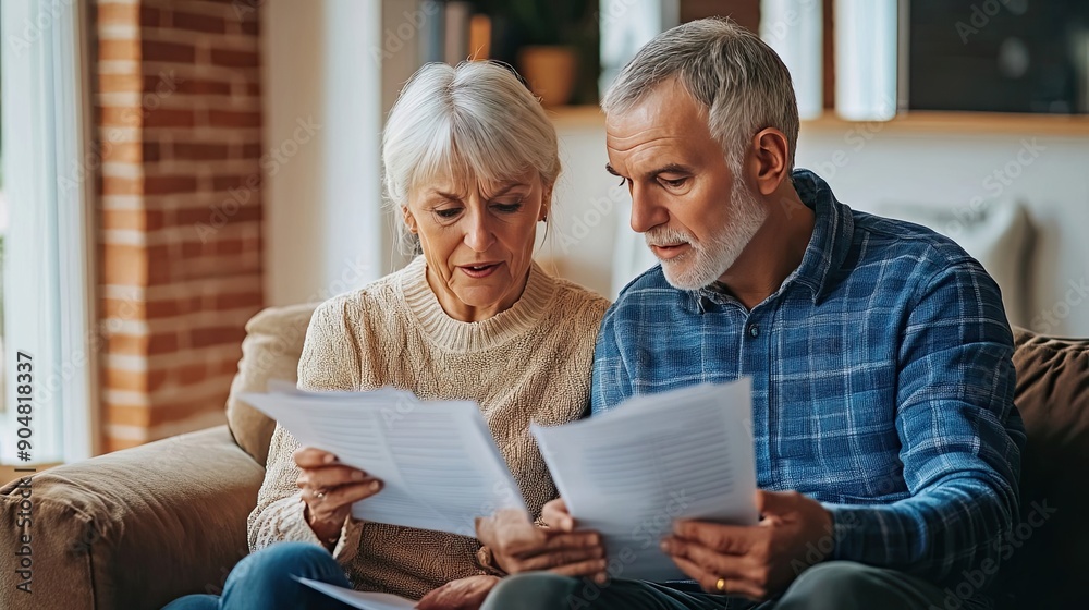 Elderly Couple Reviewing Documents on a Couch Elderly Couple Reviewing Documents on a Couch