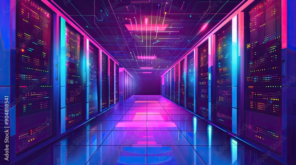 Fototapeta premium Neon-Lit Server Room with Reflective Floor