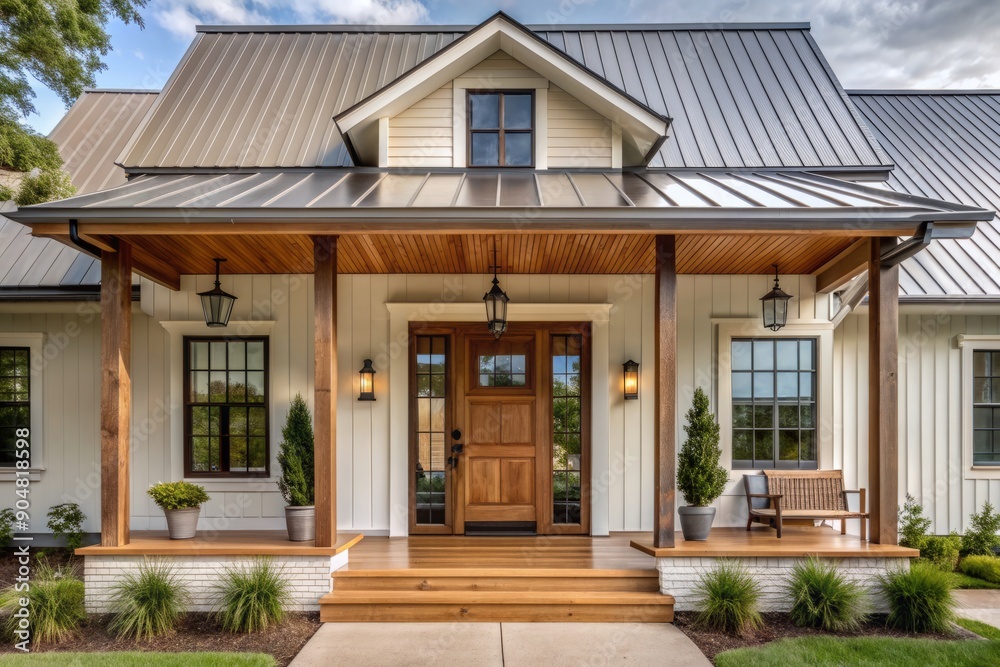 Inviting white modern farmhouse exterior featuring a rustic wooden front door with iron hardware and a charming covered porch with a natural wood ceiling. Inviting white modern farmhouse exterior featuring a rustic wooden front door with iron hardware and a charming covered porch with a natural wood ceiling.