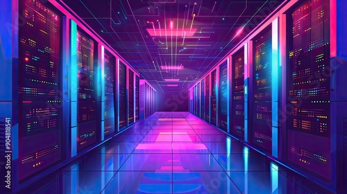Neon-Lit Server Room with Reflective Floor