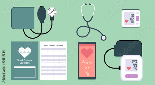Blood Pressure Measurement Set Tool, Medical Equipment for Healthcare Professionals, Ideal for Health Checkups and Hypertension Diagnosis, Vector Flat Illustration Design