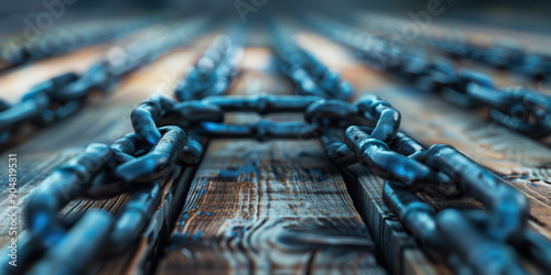 Modern Industrial Scene: Chains Drifting on a Rustic Wooden Pallet in a Creative Setting photo