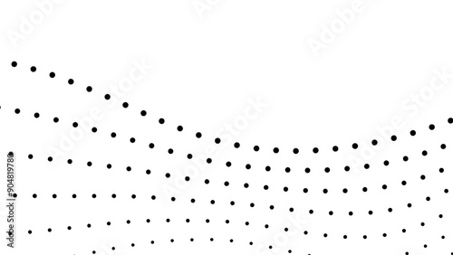 Futuristic wave of black smoothly moving dots on a white background. Flowing dot particles wave pattern halftone black gradient smooth curve shape isolated on transparent background. Vector illustrati