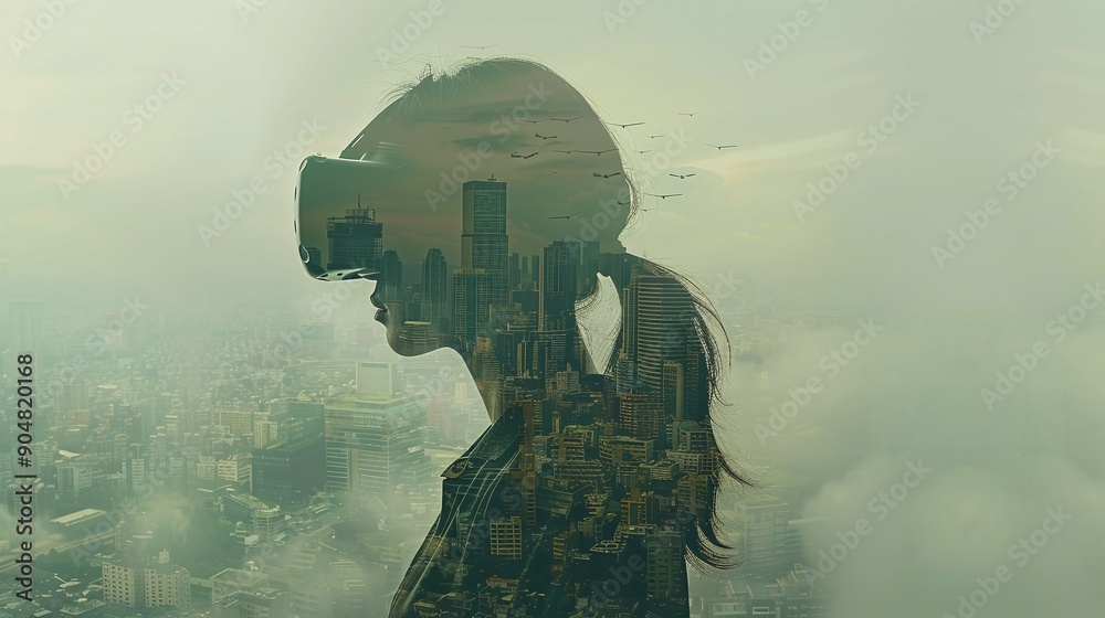 Wearing VR goggles using simulation device, double exposure on online cyber lifestyle. Wearing VR goggles using simulation device, double exposure on online cyber lifestyle.