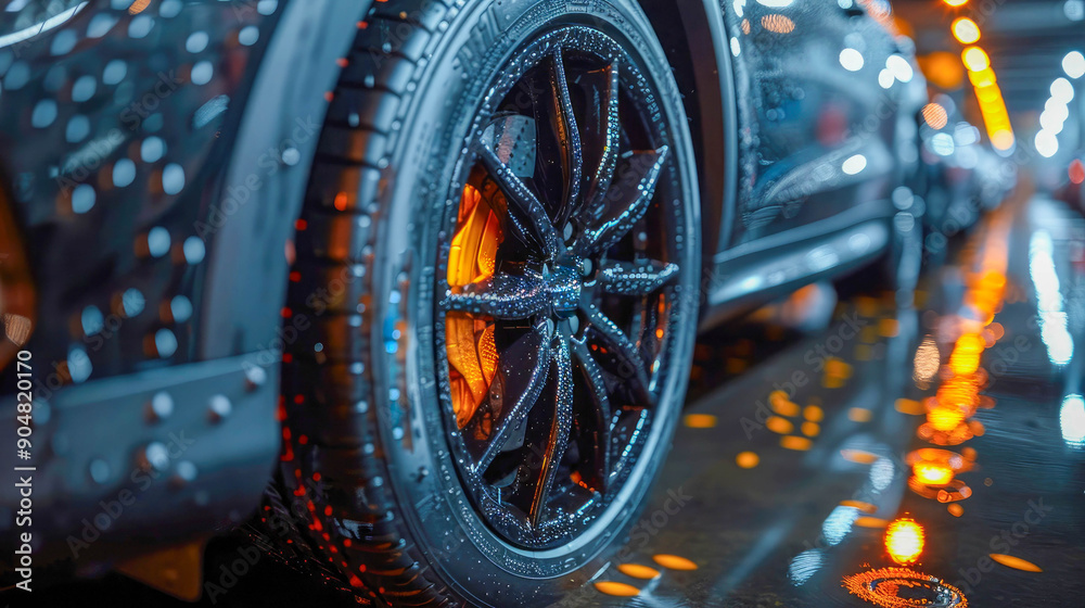 Close-up of new car tires with water droplets, against a dark background Close-up of new car tires with water droplets, against a dark background