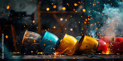 Creative Industry Concept: Welding Helmets Cascading Against a Dark Workshop Background with Copy Space photo