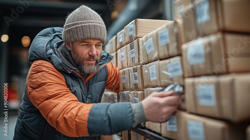 A telephoto angle photo of a trucker securing cargo in the back of their truck, ensuring everything is tightly fastened, with copy space photo