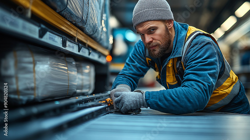 A telephoto angle photo of a trucker securing cargo in the back of their truck, ensuring everything is tightly fastened, with copy space