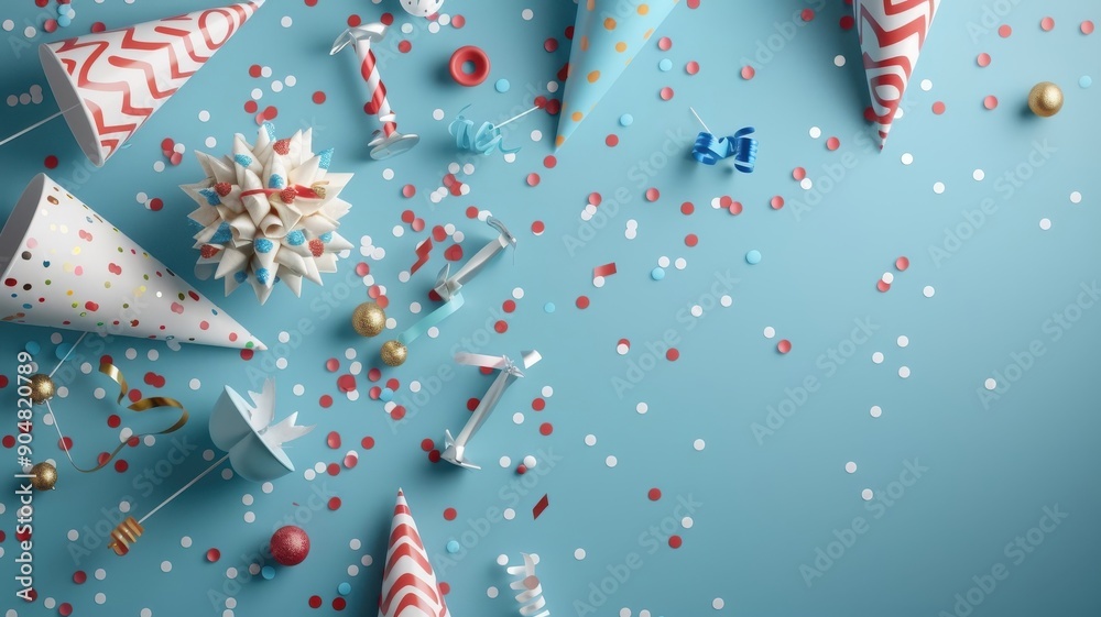 Fototapeta premium A festive background with blue and red party hats, noisemakers, and confetti poppers for a birthday card or event celebration.