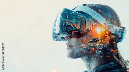 Wearing VR goggles using simulation device, double exposure on online cyber lifestyle.