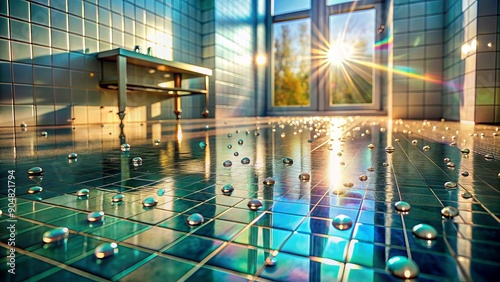 Vibrant glistening water droplets scatter across a sleek tiled bathroom floor, casting subtle shadows and reflections, evoking a sense of serenity and cleanliness. photo