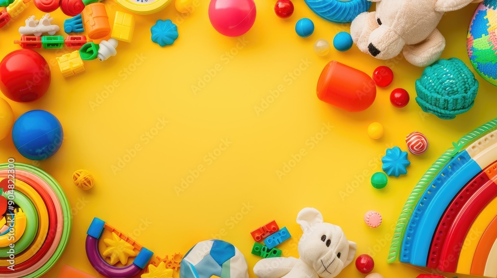 Children s toys on colorful background with empty space flat lay view Children s toys on colorful background with empty space flat lay view