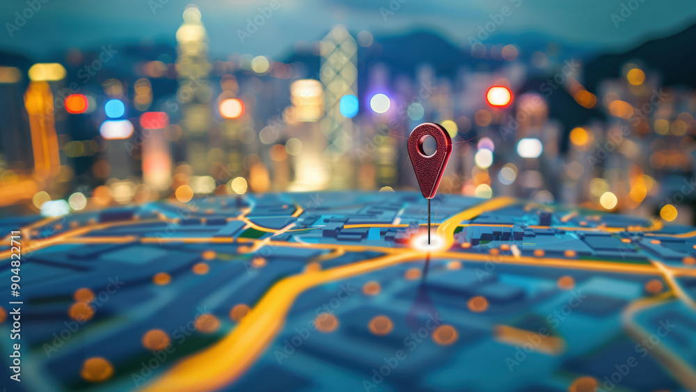 3D Navigation Map with Red Location Pin and City Lights Background for Urban Planning 3D Navigation Map with Red Location Pin and City Lights Background for Urban Planning