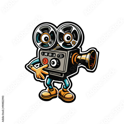 Illustrate a vector scene featuring a classic film camera with legs and arms, wearing shoes.