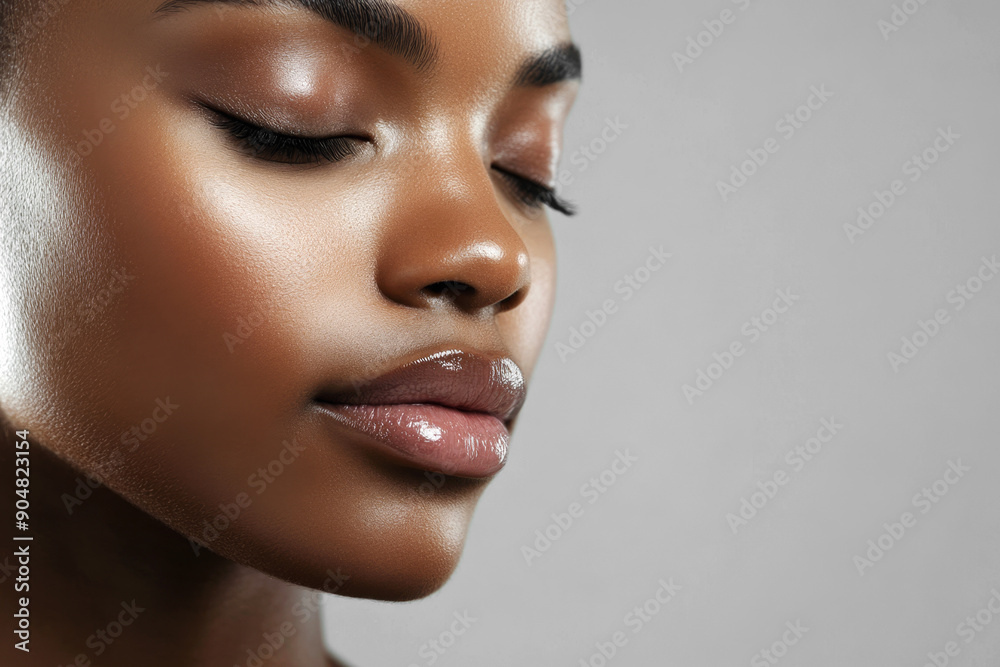 Naklejka premium Profile of a young African American woman with smooth and radiant skin, eyes closed, calm expression, enjoying natural skincare routine