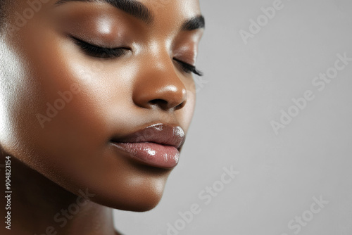 Profile of a young African American woman with smooth and radiant skin, eyes closed, calm expression, enjoying natural skincare routine