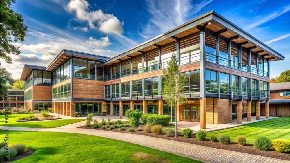 Modern sustainable facilities blend with traditional elements in this illustration of a serene architectural school building on a lush campus, showcasing innovative education structures. Modern sustainable facilities blend with traditional elements in this illustration of a serene architectural school building on a lush campus, showcasing innovative education structures.