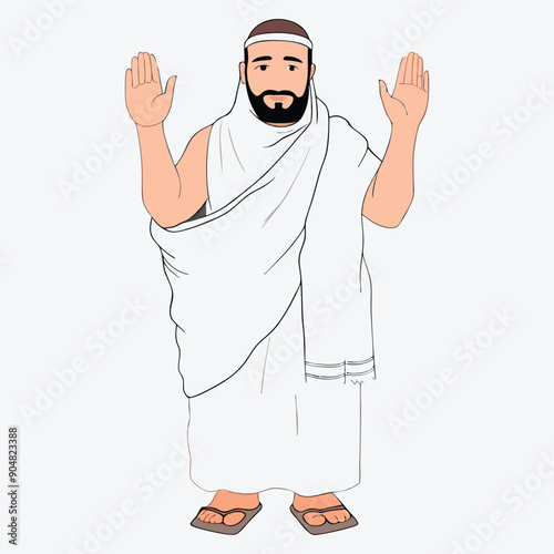 Majestic Full-Length Vector of a Muslin Man in Ihram Clothes Holding a Raisin