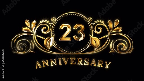 23rd Anniversary Celebration. Happy 23 Years Anniversary Animation in Gold Color on the Transparent Background, Alpha Channel. Great for greetings, celebrations, events, and gifts.