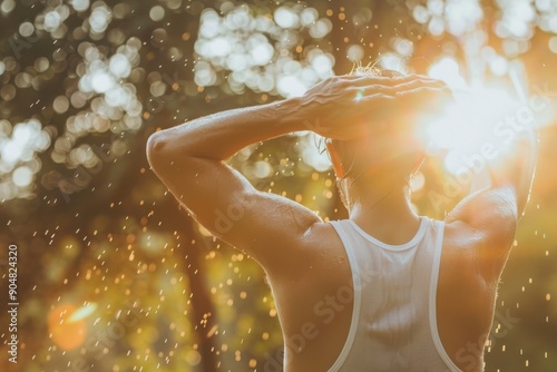 Man Enjoying Refreshing Outdoor Shower at Sunset