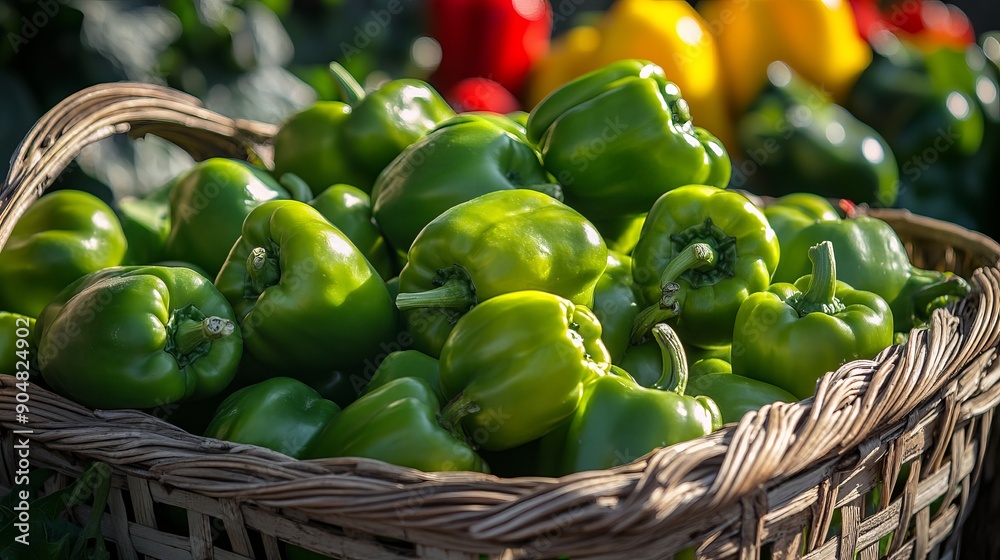 Fresh green bell peppers piled in a basket at the market. The bright sun highlights their glossy skins. Some unripe red and yellow peppers add color to the green ones. Fresh green bell peppers piled in a basket at the market. The bright sun highlights their glossy skins. Some unripe red and yellow peppers add color to the green ones.