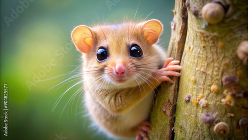 Adorable hazel dormouse with large eyes and fluffy fur climbs up a rugged tree trunk, its tiny paws grasping tightly, in a natural woodland setting.