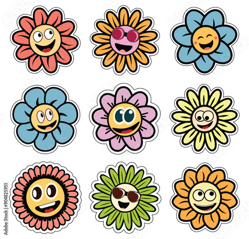 Groovy flower cartoon characters. Funny happy daisy with eyes and smile. Sticker pack in trendy retro trippy style. Isolated vector illustration. Hippie 60s, 70s style.
