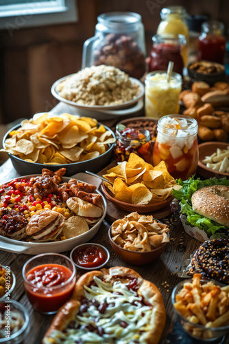 A table full of different types of food on a wooden table © valentyn640