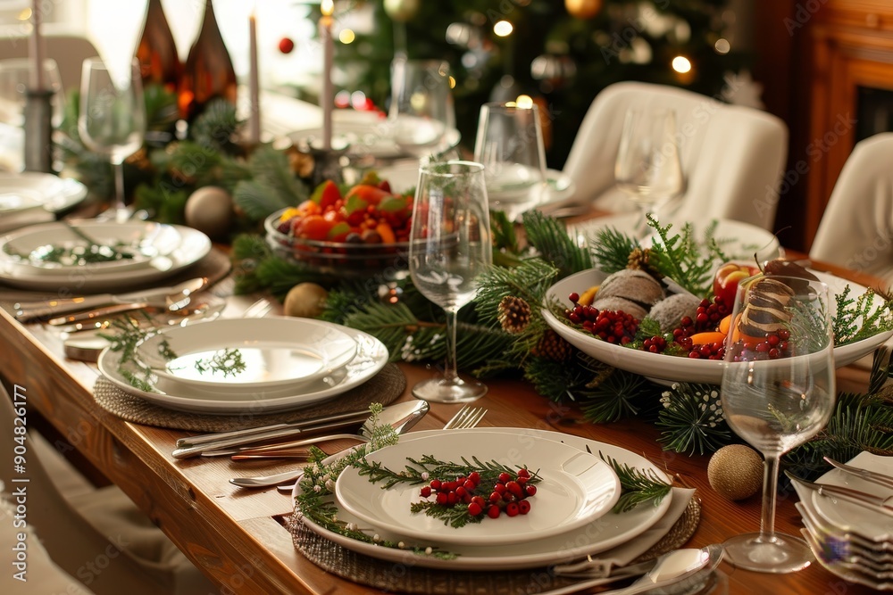 A Christmas table is elegantly set with plates, glasses, and utensils for a festive dinner celebration, Festive table set with holiday dinner and decorations A Christmas table is elegantly set with plates, glasses, and utensils for a festive dinner celebration, Festive table set with holiday dinner and decorations