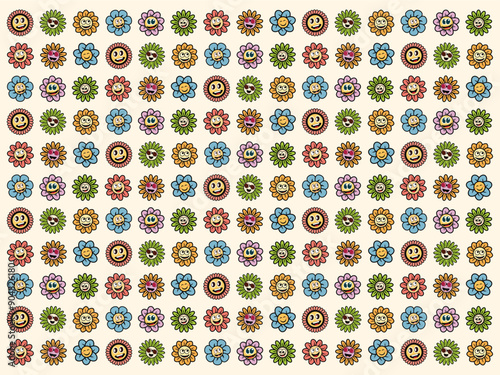 Hippy groovy daisy flowers set. Retro vintage style,decorative elements. 60s, icon flower Flat cartoon illustration.