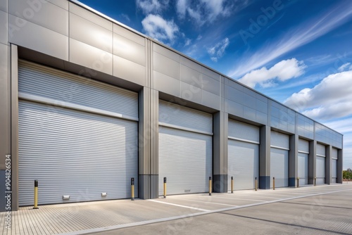 A sleek modern warehouse with a rolled-up door stands alone in a clean and empty parking lot, showcasing industrial commercial garage doors' functionality.